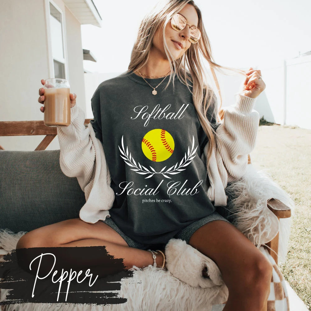 Softball Social Club T-Shirt, Softball Mom Social Club, Preppy Softball Fan Mama Mom Shirt, Softball Coquette Vintage, Pitches Be Crazy