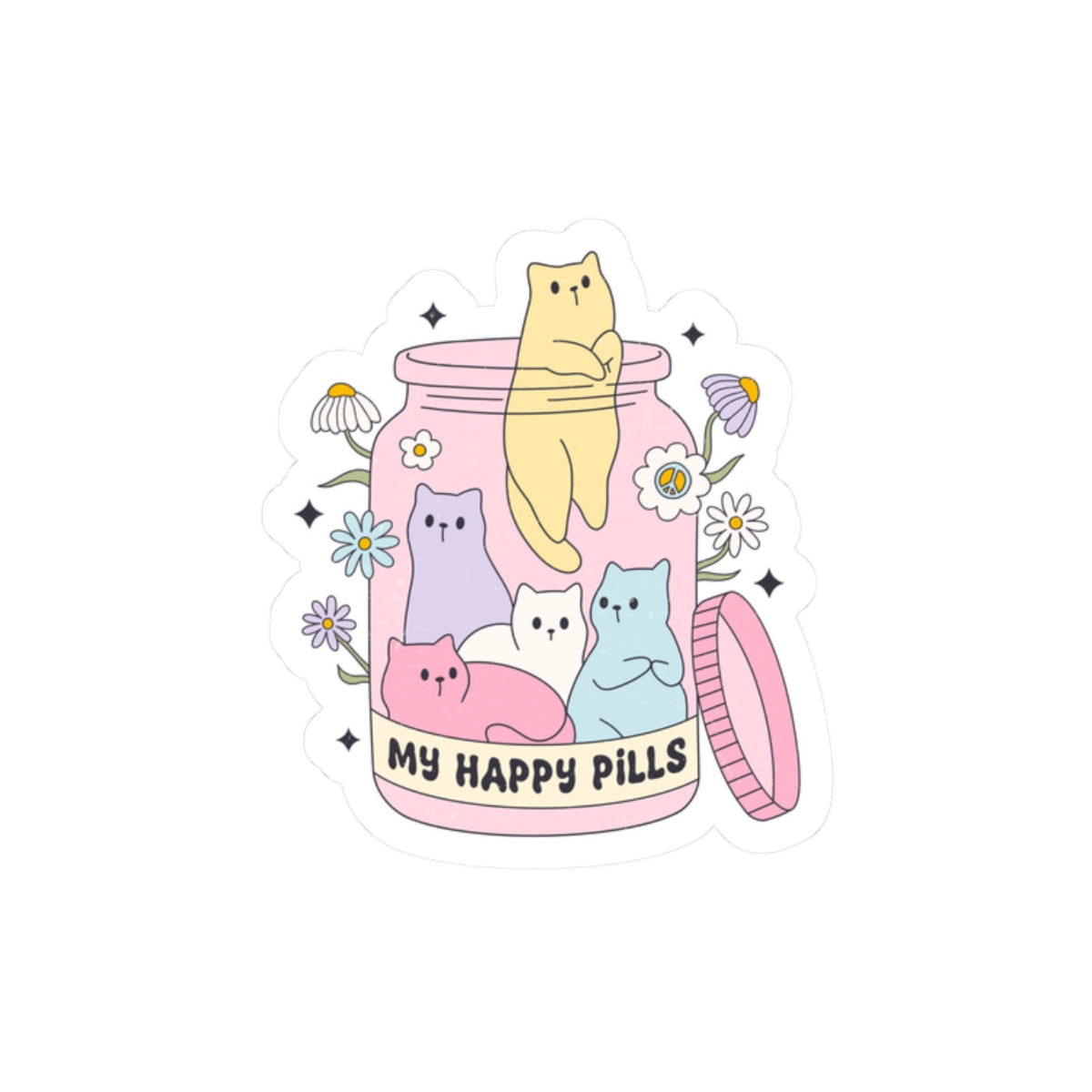Happy Pills Sticker Cats Mental Health Awareness Self Care Chemical Imbalance Sticker, Retro Funny Water Bottle Kindle Laptop Cup Sticker