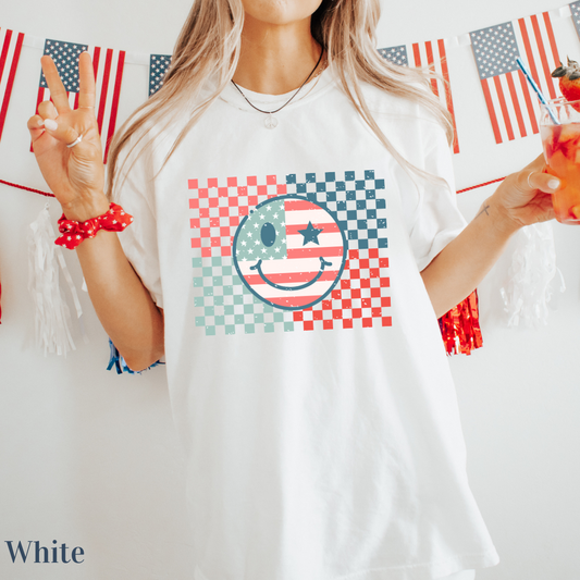 Retro Smiley Face America USA Flag Shirt, 4th of July Shirt, American Tshirt, USA Comfort Colors Shirt, Usa Flag Tee, Usa Shirt, Fireworks