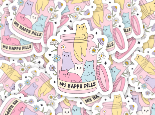Happy Pills Sticker Cats Mental Health Awareness Self Care Chemical Imbalance Sticker, Retro Funny Water Bottle Kindle Laptop Cup Sticker